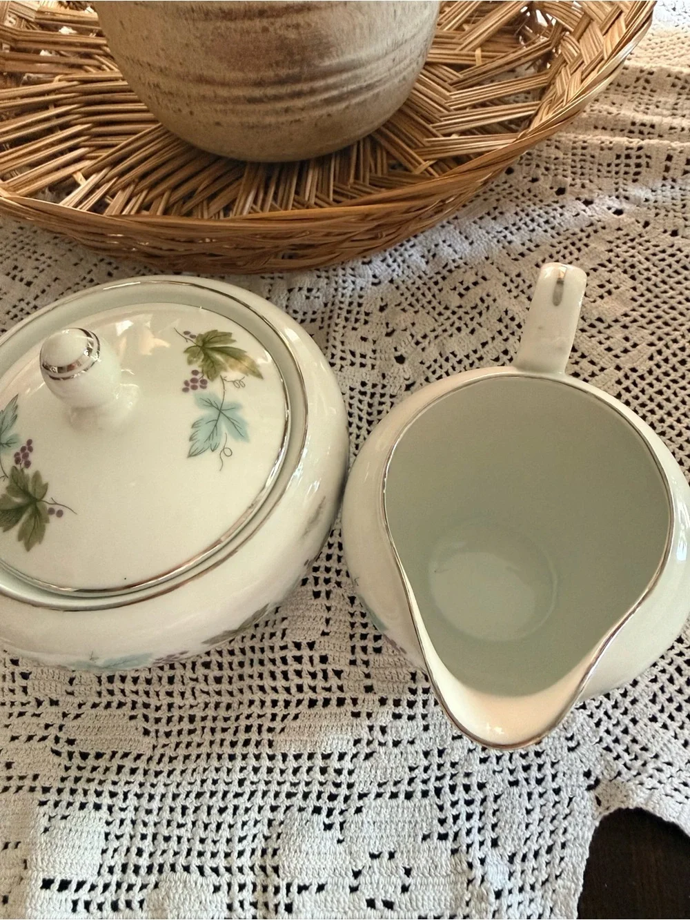 Vintage Fine China of Japan Grapevine Sugar Bowl & Creamer Set 6701 Platinum